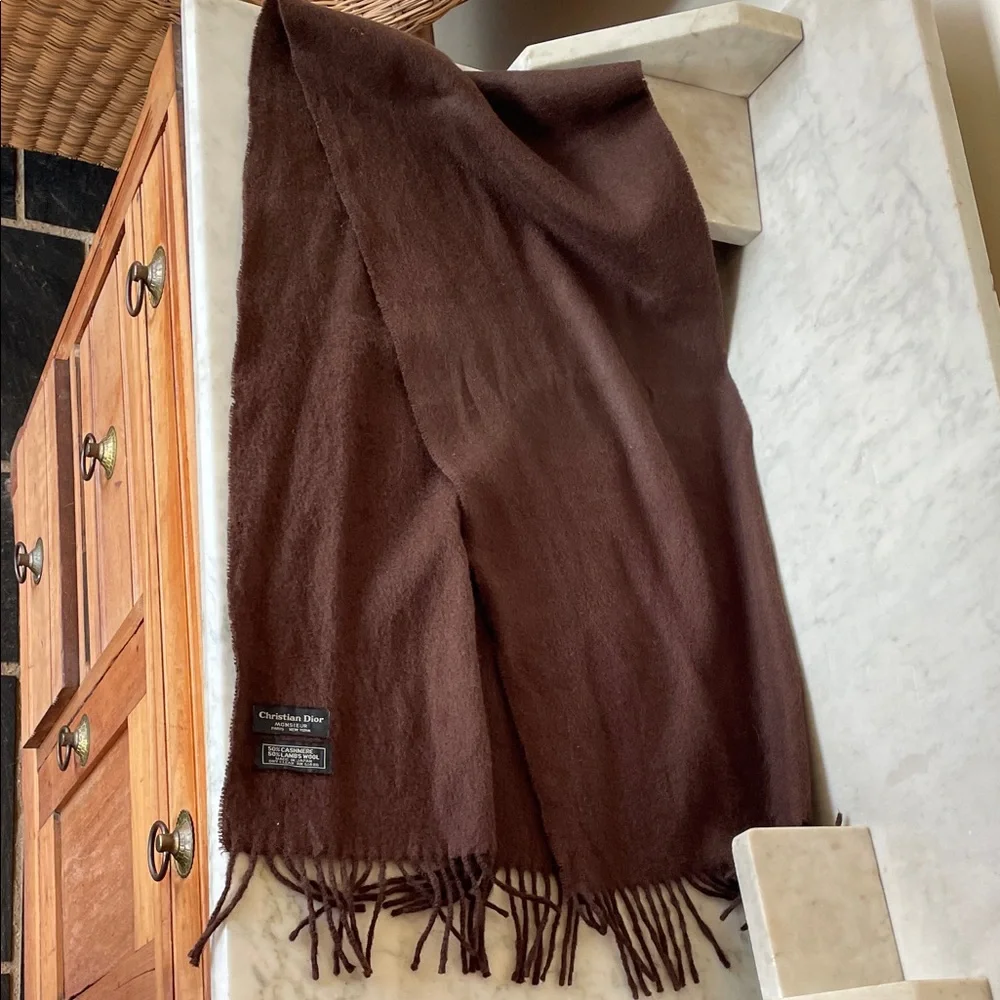CHRISTIAN DIOR Cashmere Wool Blend Muffler Scarf in Deep Brown Vintage